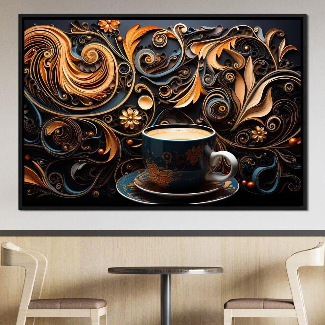 Ornate Coffee Cup Golden Swirl Black Background Kitchen Decor Poster