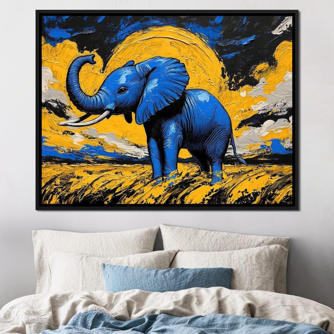 Blue Elephant Under Giant Golden Sun Impasto Savanna Wildlife Art Poster - Image 4