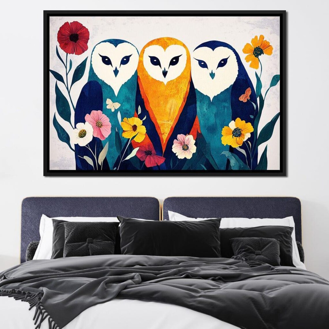 Three Colorful Barn Owls With Flowers Whimsical Wildlife Art Poster - Image 4