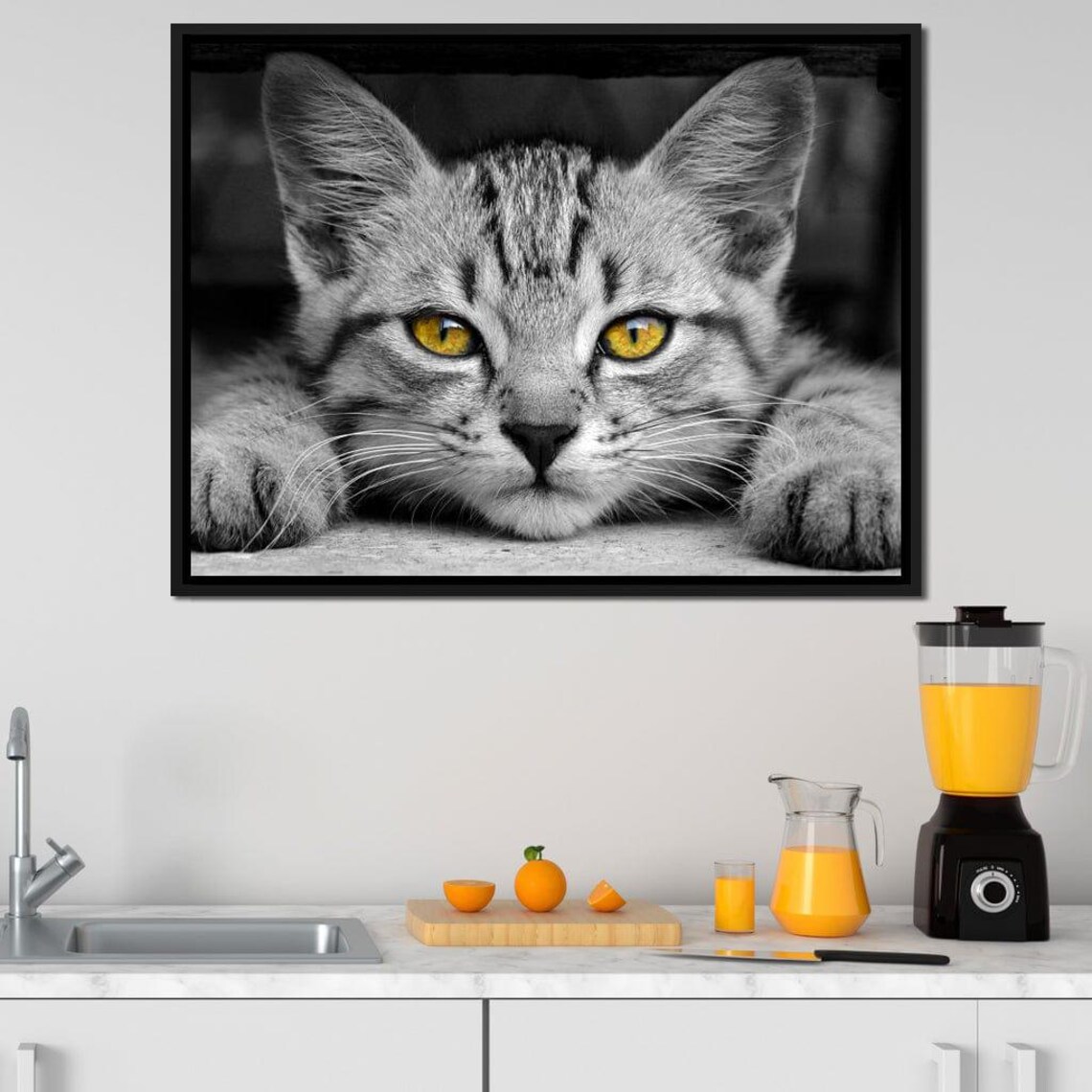 Black White Tabby Cat With Yellow Eyes Minimalist Feline Photography Wall Poster - Image 3
