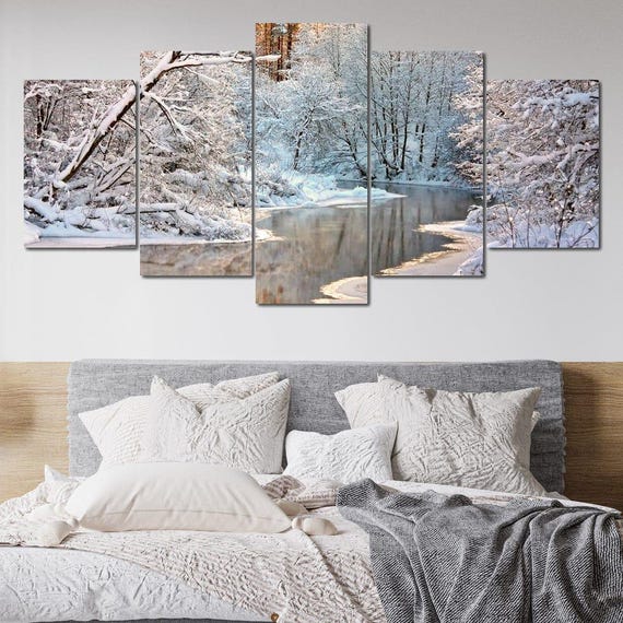 Winter River Landscape Snowy Scene Art Nature Print Serene Winter Wonderland Cozy Home Decor Multi Panel Wall Art By Nichecanvas