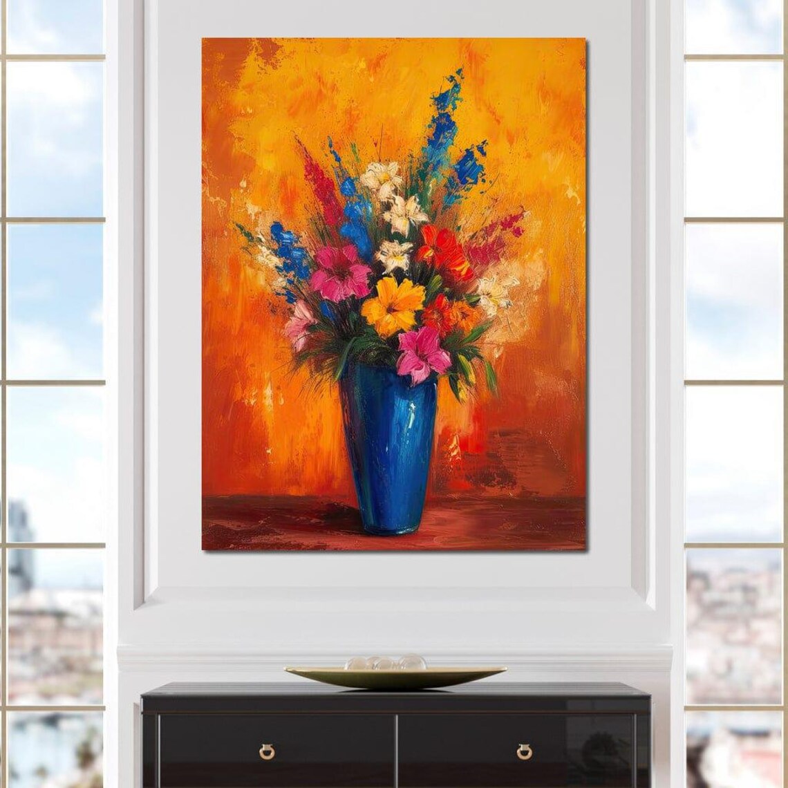 Bold Floral Bouquet Blue Vase Fiery Orange Background Wall Art Poster - Image 3