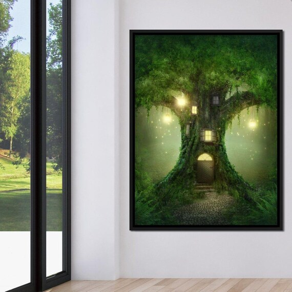 Magical Tree House Fantasy Art Whimsical Decor Enchanted Forest Cozy Kids Room Wall Art By Nichecanvas
