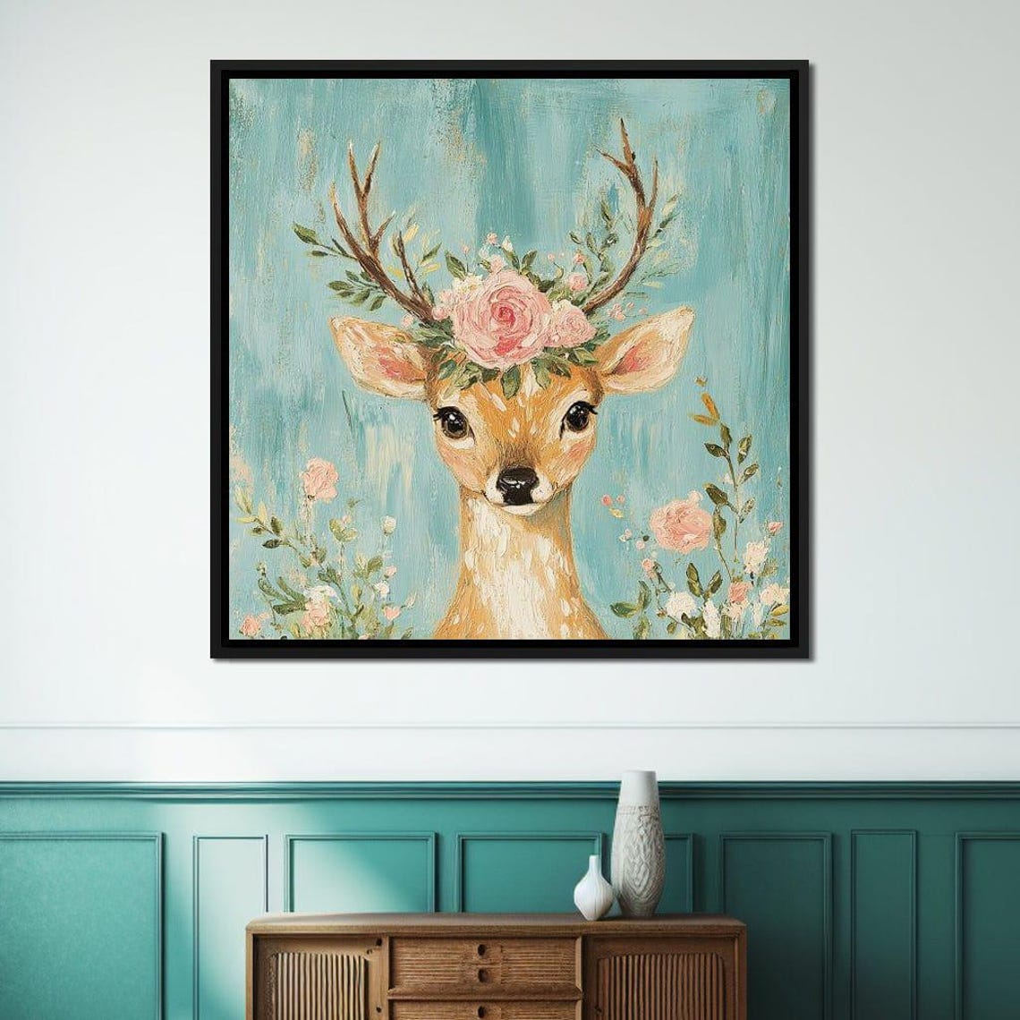 Sweet Fawn With Floral Crown On Turquoise Whimsical Deer Poster - Image 3