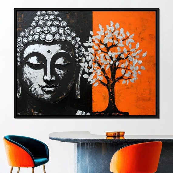 Harmony Of Enlightenment Buddha Wall Art Zen Home Decor Meditation Orange Gray Art By Nichecanvas