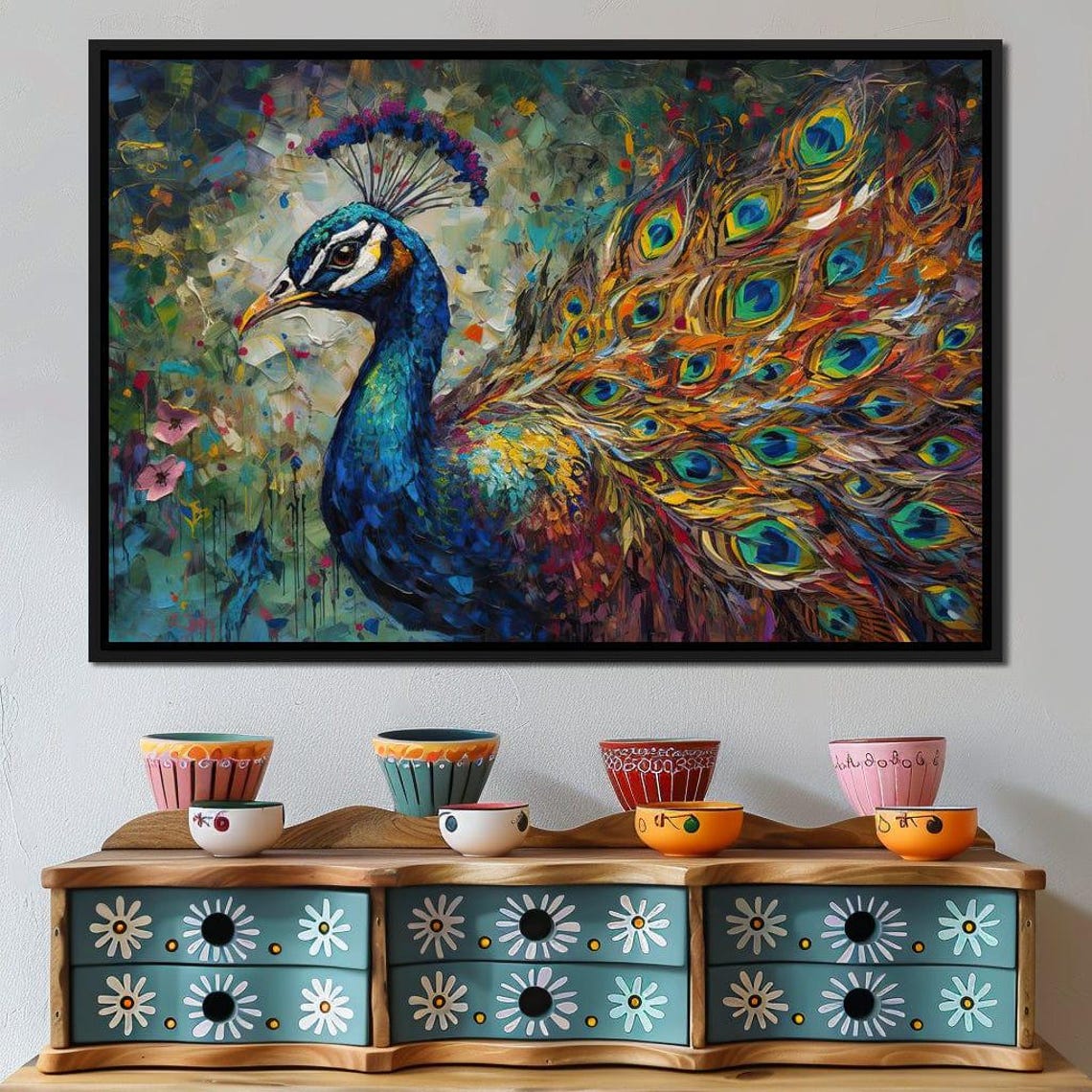 Peacock Iridescent Tail Feathers Colorful Bird Art Print Wall Decor