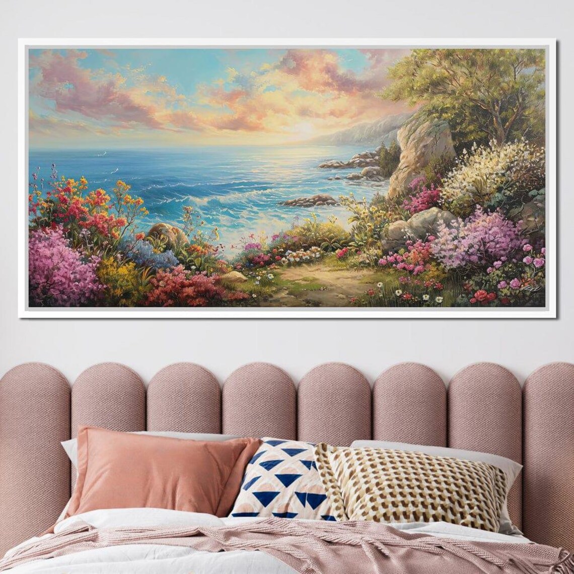 Coastal Cliff Garden Flowers Turquoise Sea Sunset Travel Poster