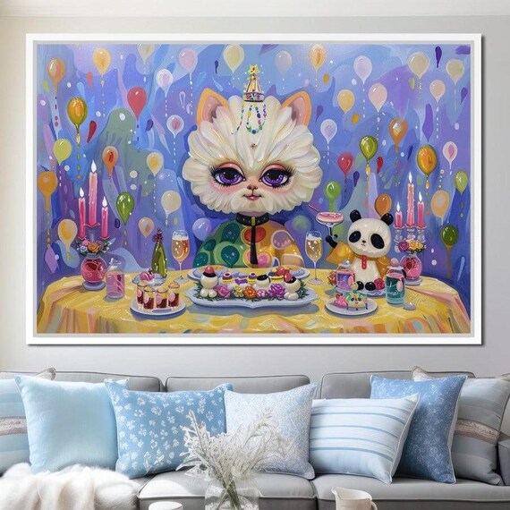 Whimsical Kitten Panda Birthday Party Balloon Table Kids Wall Art Poster