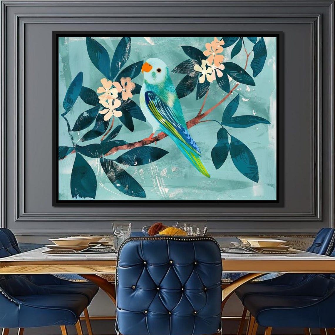 Teal Budgie Parakeet Blossom Branch Botanical Bird Art Poster - Image 2