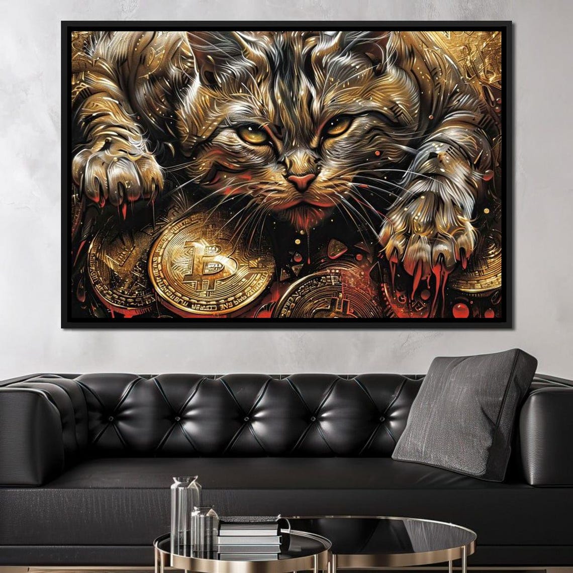 Golden Crypto Cat Guardian Bitcoin Coins Dramatic Feline Wall Art - Image 3