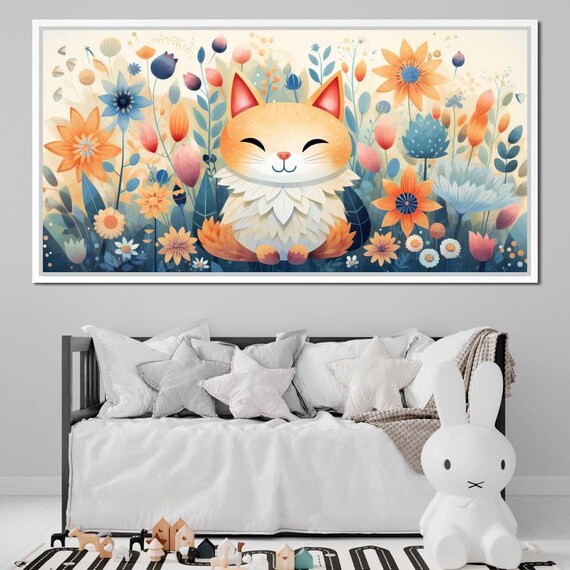 Whimsical Smiling Orange Cat Pastel Floral Garden Nursery Poster