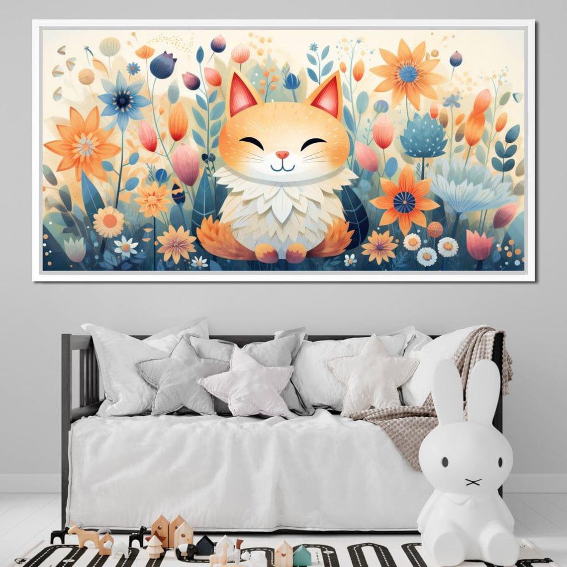 Whimsical Smiling Orange Cat Pastel Floral Garden Nursery Poster