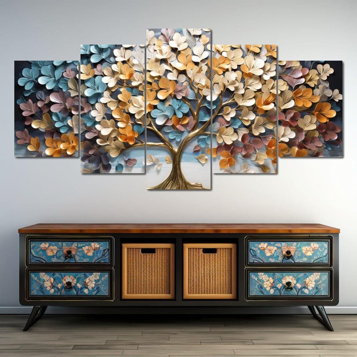 Tree Of Life Golden 3D Metallic Colorful Leaves Multi Panel Wall Art