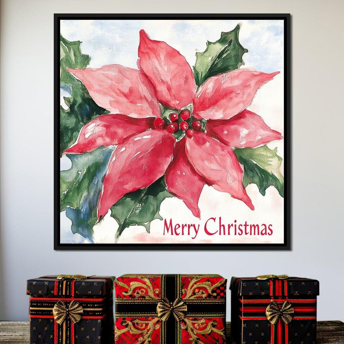 Red Poinsettia Watercolor Merry Christmas Floral Holiday Art Poster - Image 4