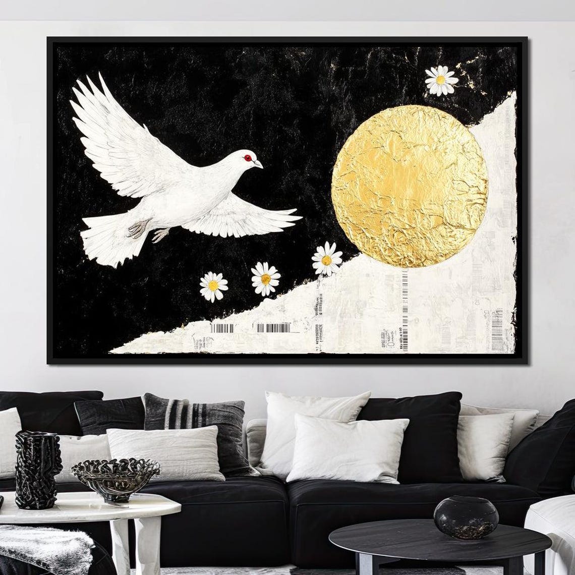 White Dove Gold Full Moon Black White Daisies Peaceful Flight Poster - Image 4