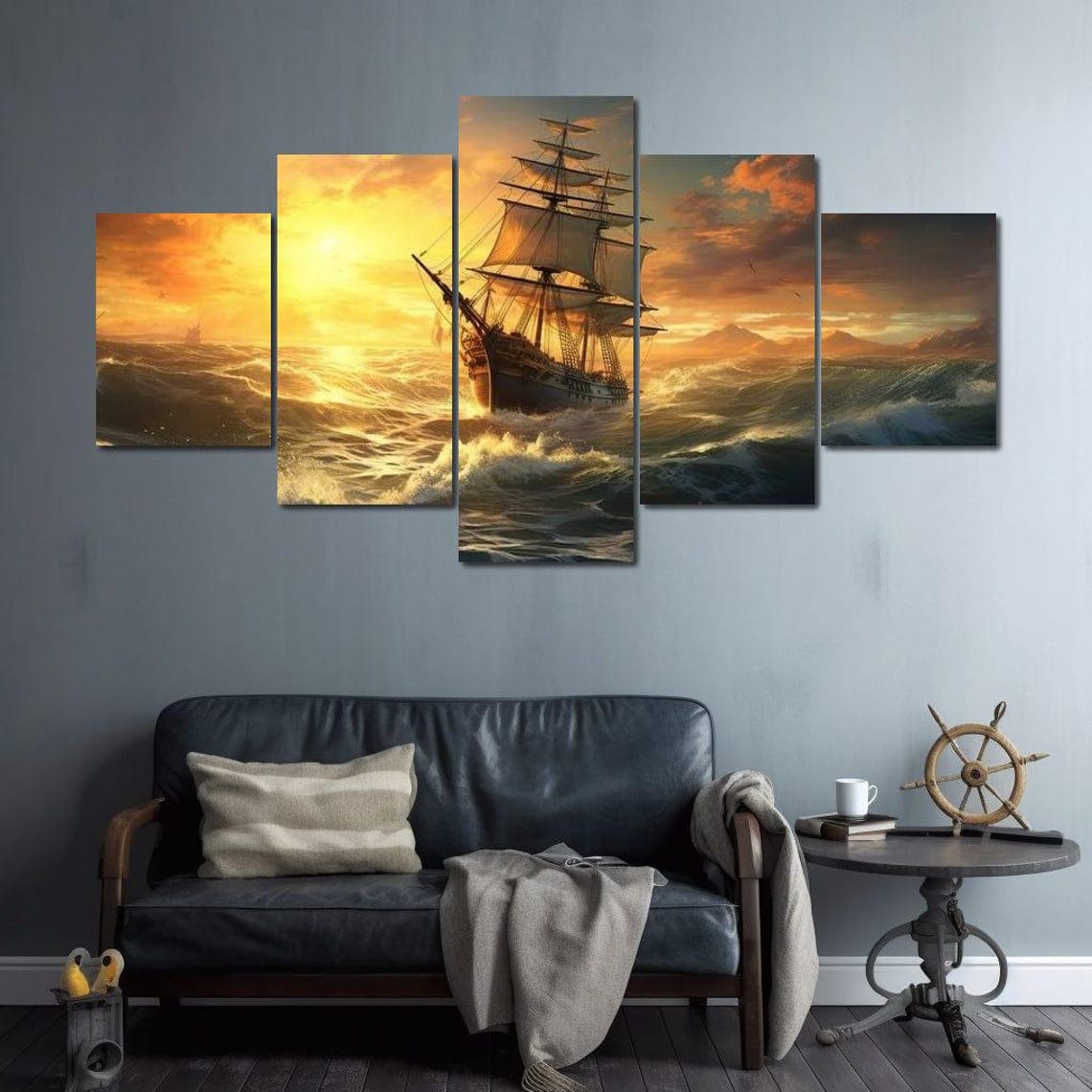 Tall Sailing Ship Sunset Ocean Waves 5 Panel Canvas Nautical Art Print - Image 4