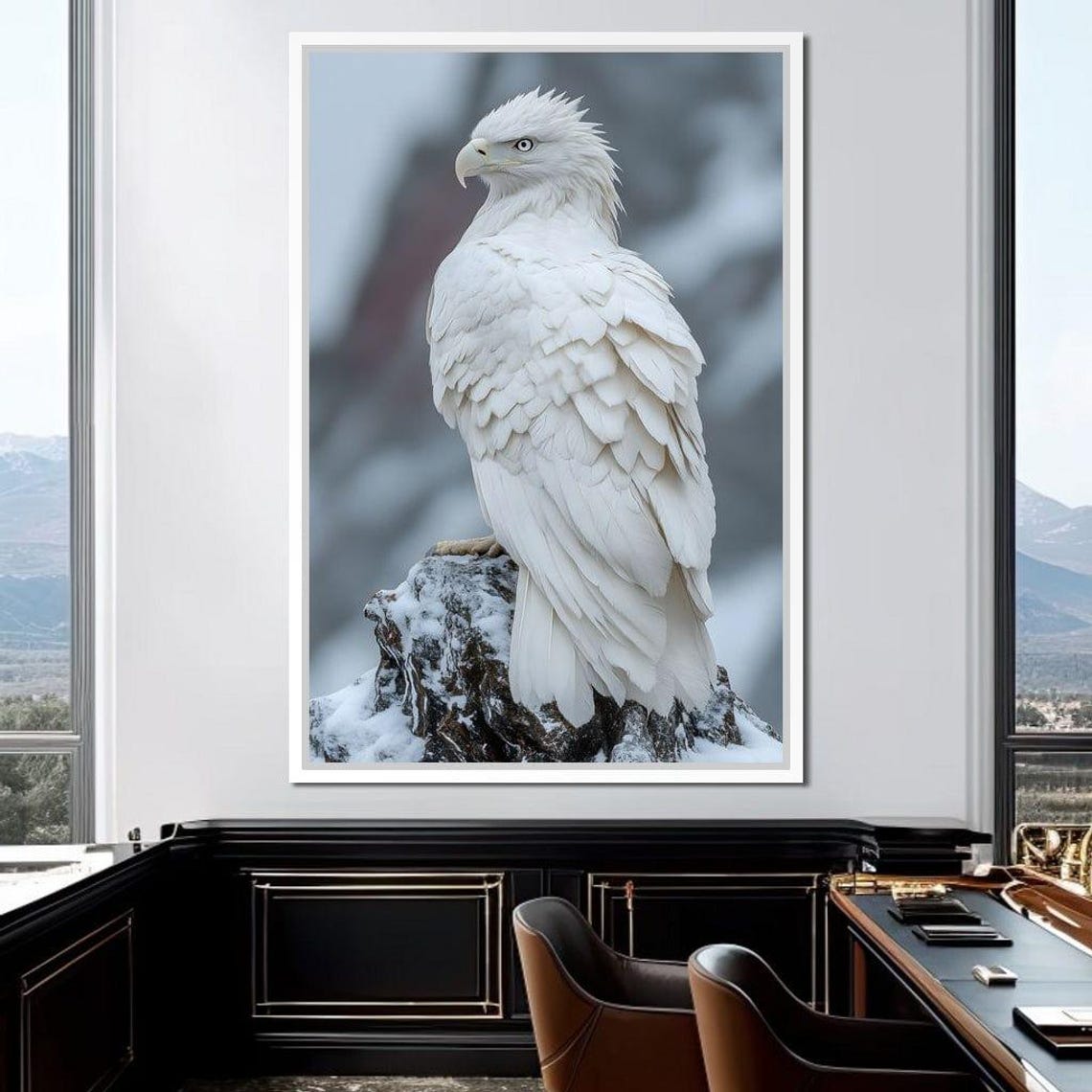 Majestic White Hawk Perched on a Snowy Rock Winter Wildlife Poster - Image 3
