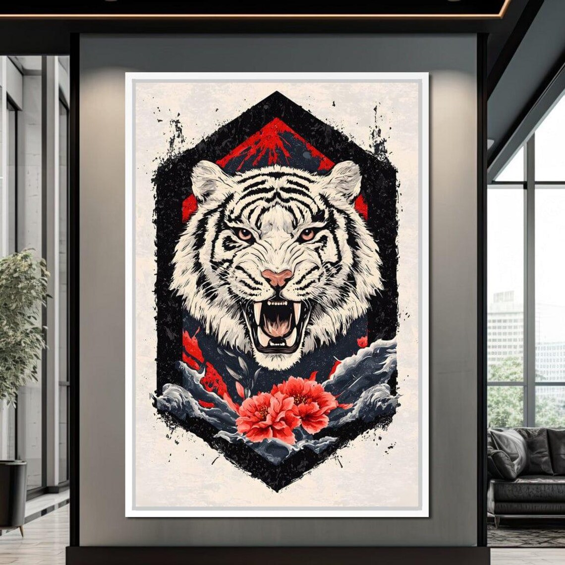 Roaring White Tiger in Japanese Style Red Sun and Waves Poster - Image 4
