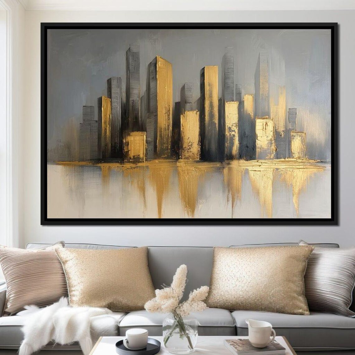 Golden Gray City Skyline Water Reflections Abstract Urban Decor Poster - Image 4