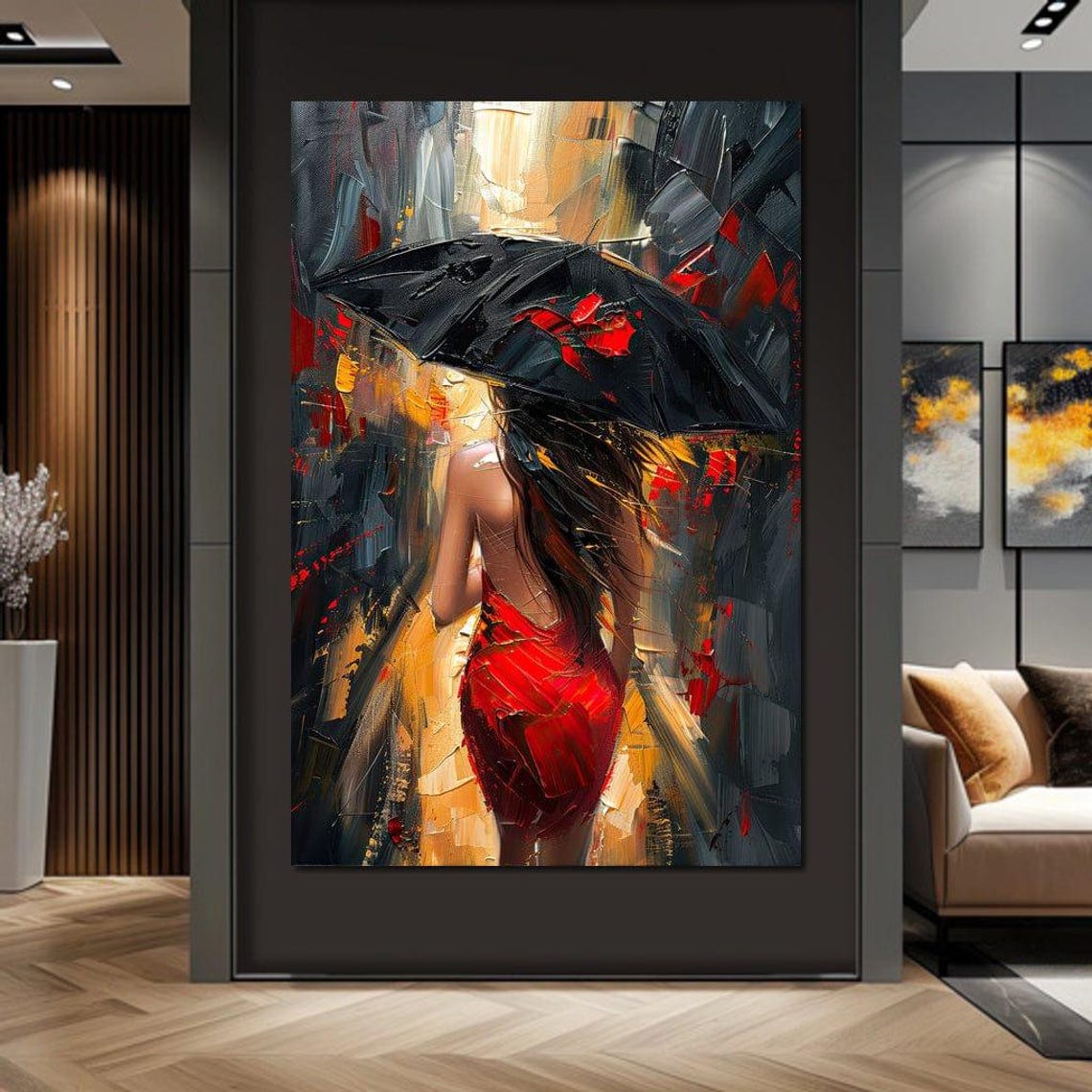 Rainy Stroll In Bold Brushwork Print Romantic Wall Art Modern Home Decor Abstract Painting Red Dress By Nichecanvas