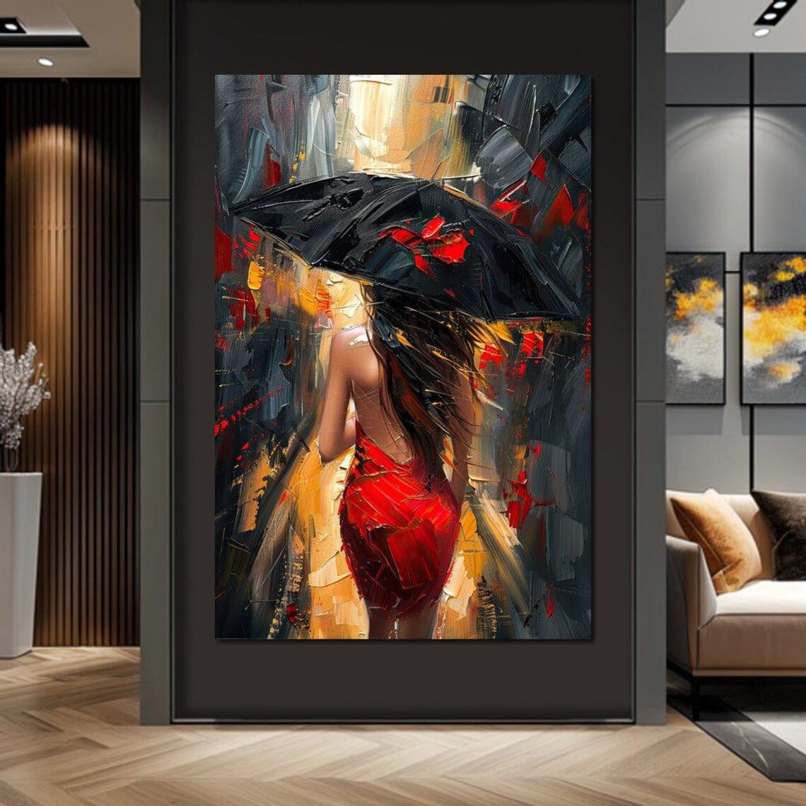Red Dress Umbrella Rainy City Stroll Romantic Night Wall Art