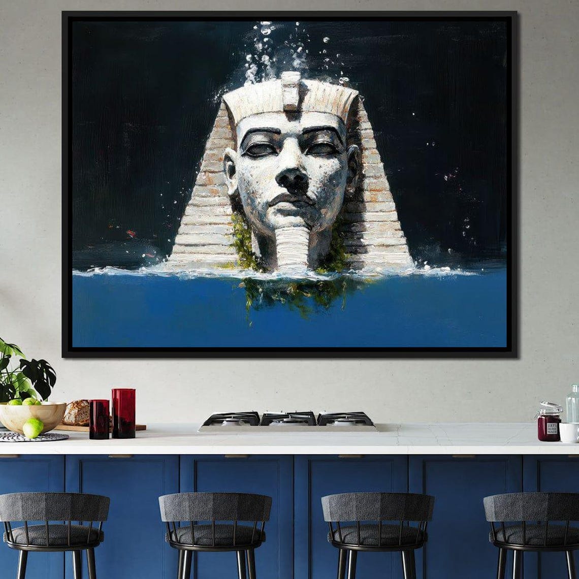 White Egyptian Statue Rising From Deep Blue Ocean Waves Night Wall Art
