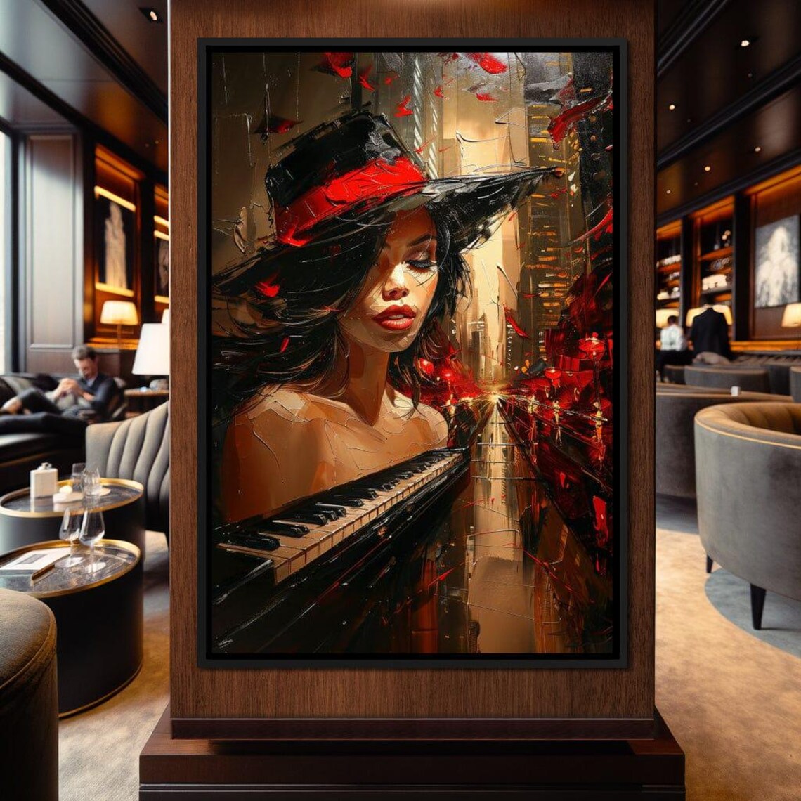 Autumn Rhapsody Woman In Red Hat Piano Keys Night Cityscape Poster
