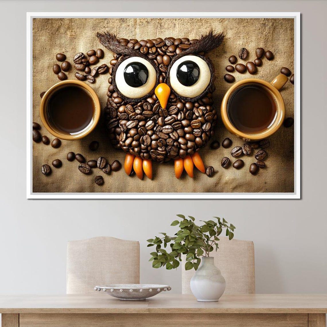 Cute Coffee Bean Owl Two Cups Rustic Burlap Kitchen Decor Wall Art - Image 2
