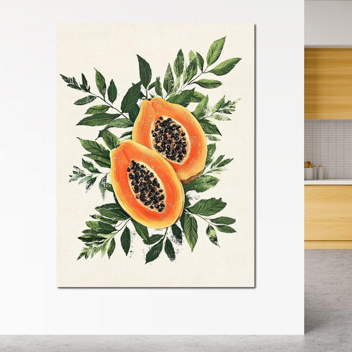 Papaya Halves Botanical Illustration Green Leaves Cream Kitchen Art - Image 2