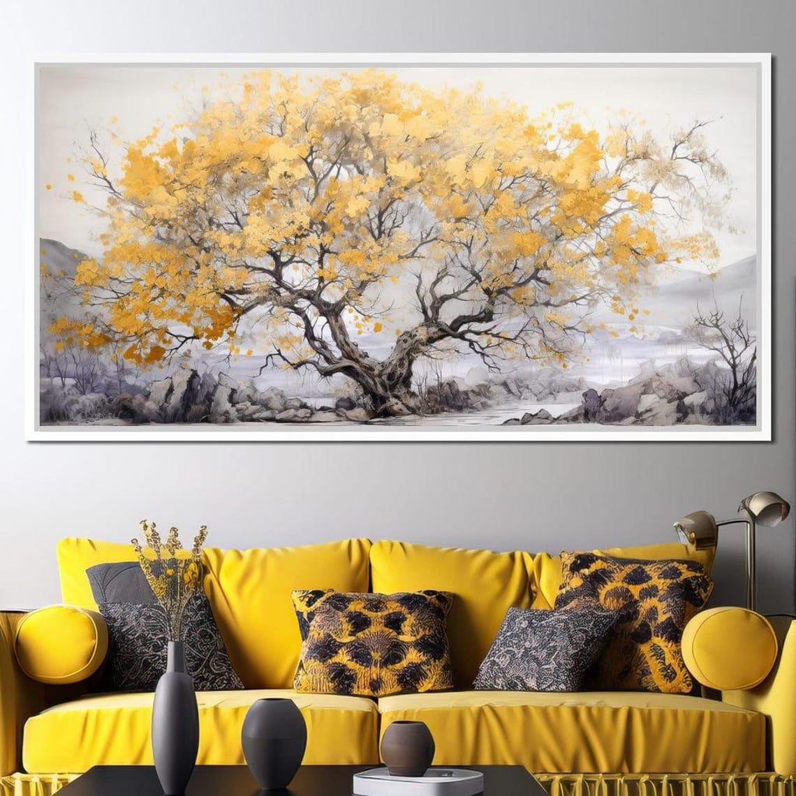 Golden Tree Of Life Misty Mountains Serene Nature Minimalist Wall Art - Image 4