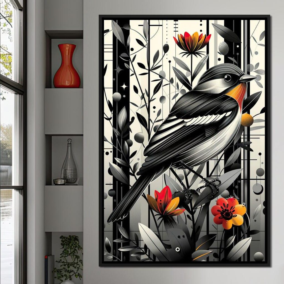 Songbird Orange Throat Red Blossoms Monochrome Nature Art Poster