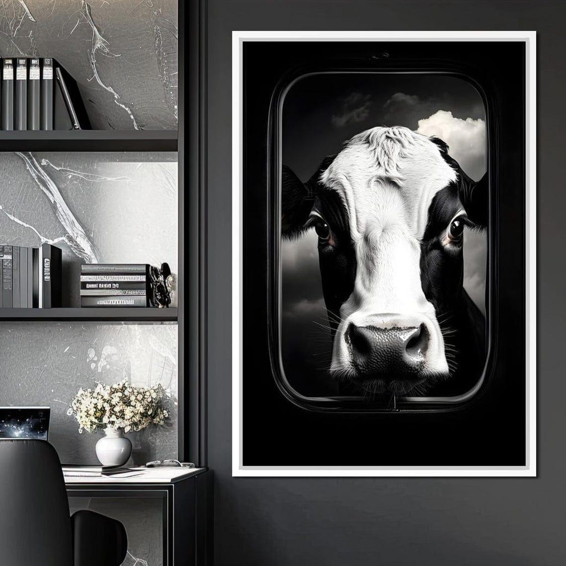 Black White Cow Face Window Monochrome Framed Rustic Wall Art - Image 2