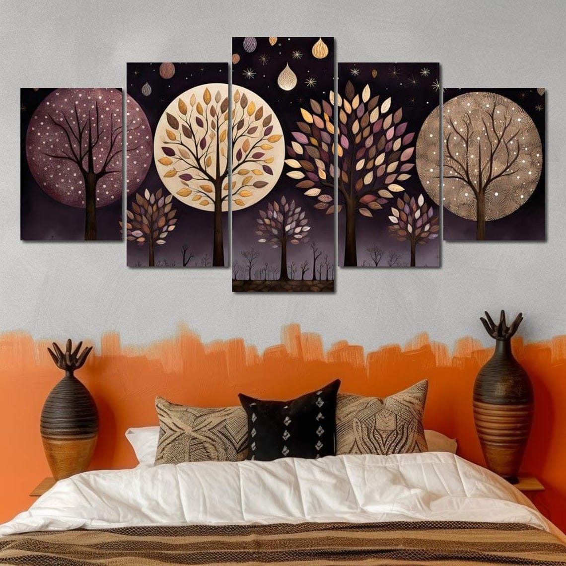 Four Seasons Stylized Trees Full Moon Starry Night Forest Wall Art - Image 3