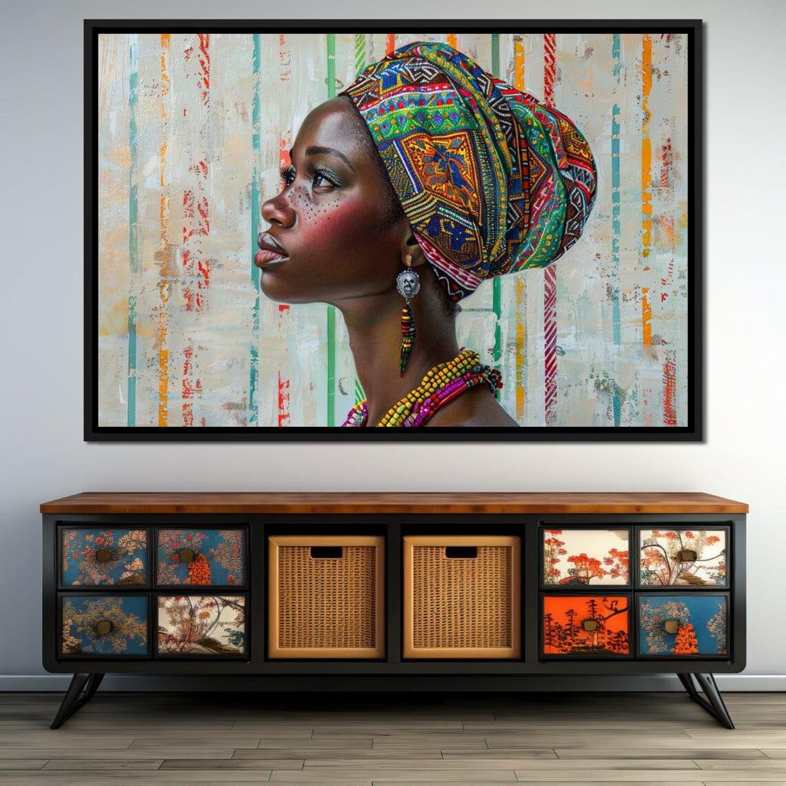 African Woman Colorful Headwrap Beaded Jewelry Portrait Wall Art - Image 2