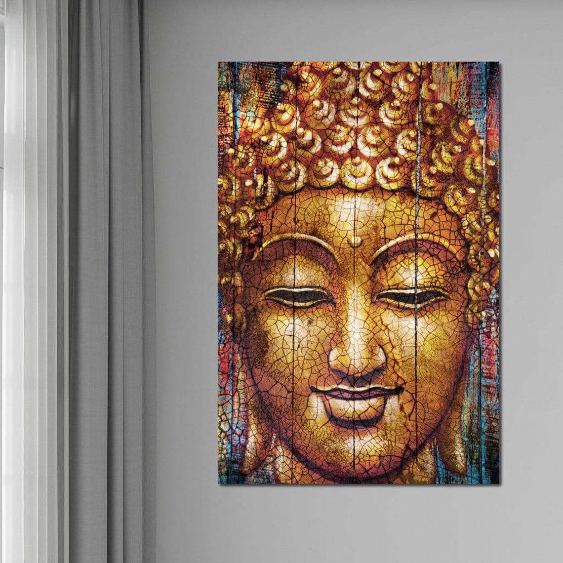 Golden Buddha Face Crackle Texture Warm Spiritual Wall Art Print - Image 4