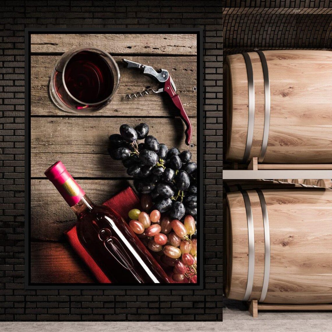 Rustic Wine Still Life Bottle Glass Grapes Corkscrew Wooden Table Poster