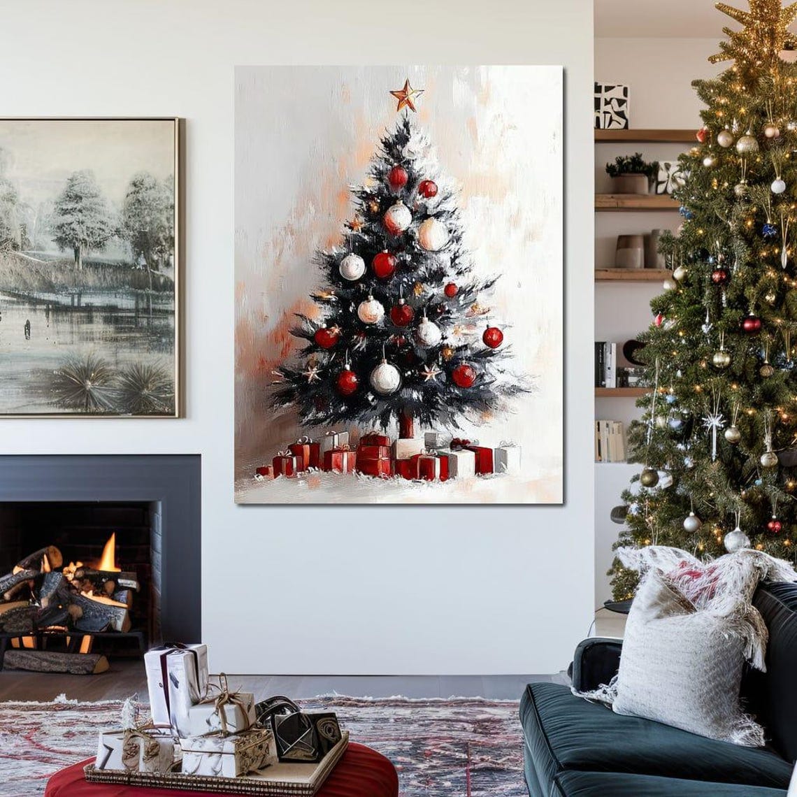 Christmas Tree With Red Ornaments Gifts Painterly Holiday Poster - Image 2