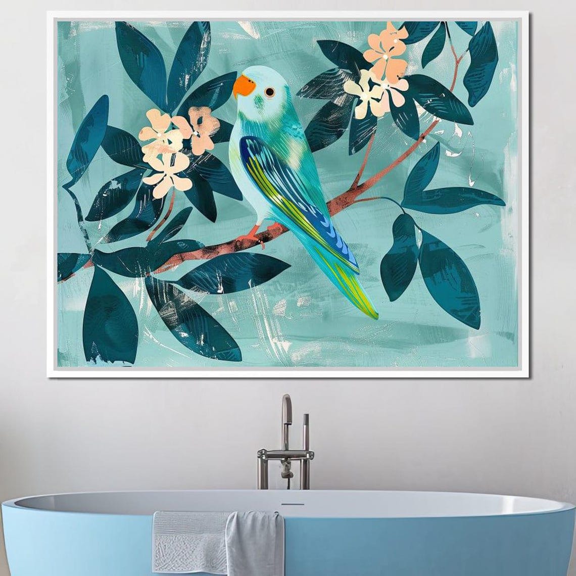 Teal Budgie Parakeet Blossom Branch Botanical Bird Art Poster