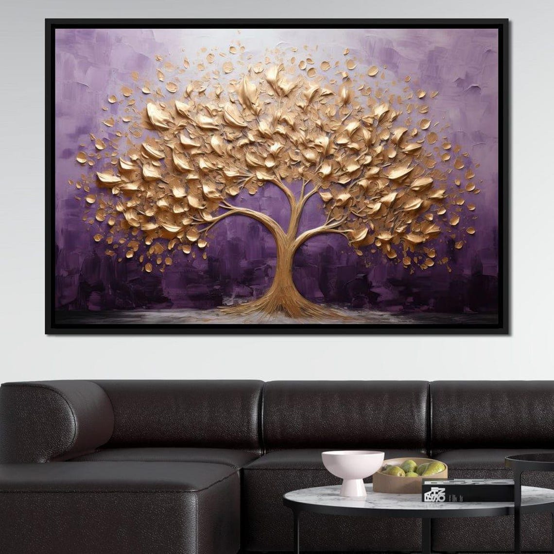 Golden Tree Purple Twilight Blooming Leaves Abstract Wall Art Poster - Image 2