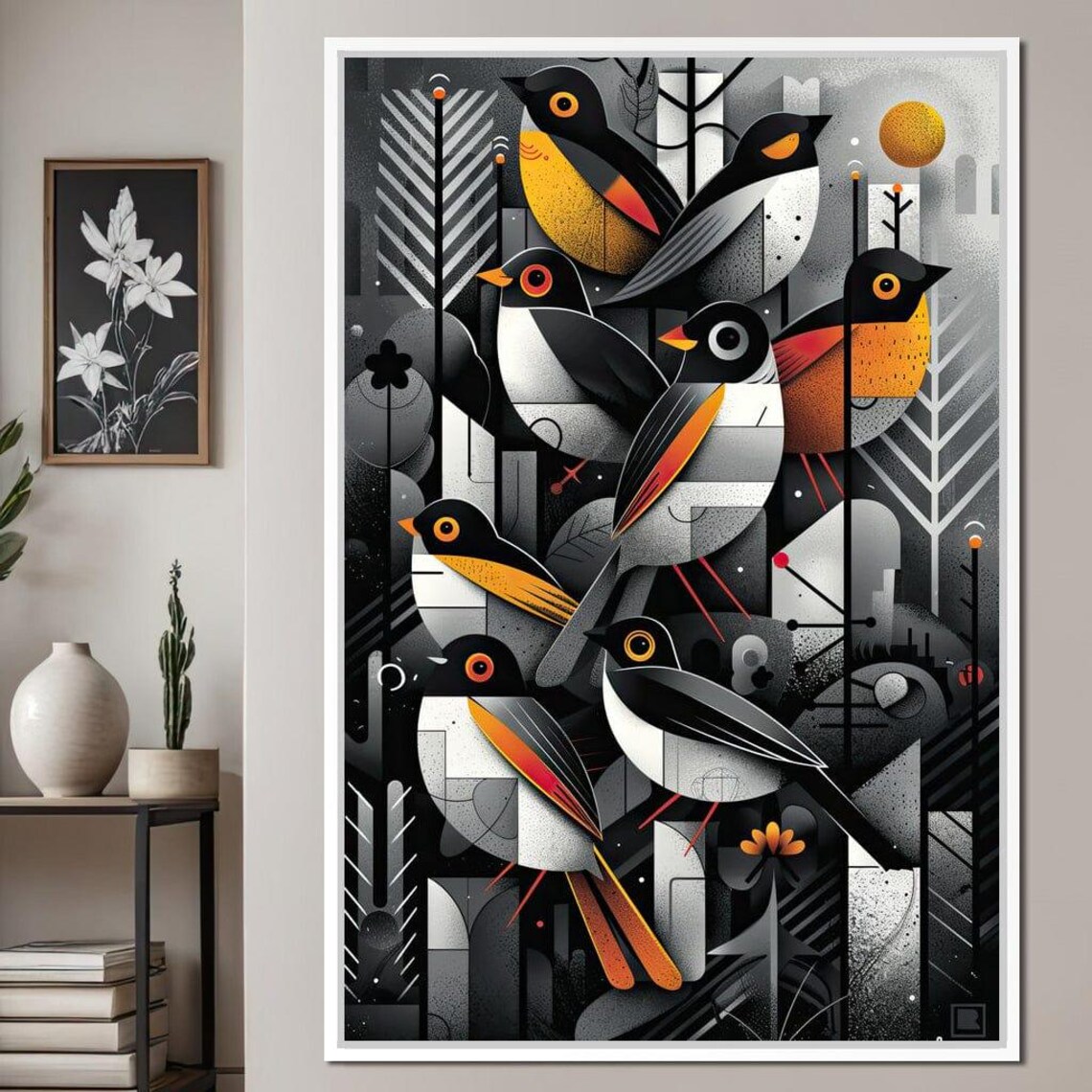 Geometric Songbird Abstract Art Black White Orange Modern Bird Print - Image 3