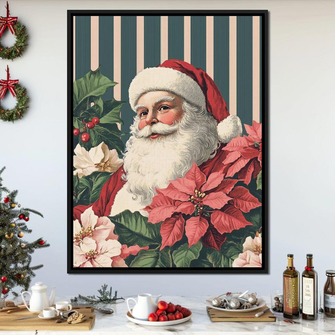 Vintage Santa Smiling With Poinsettias Retro Christmas Poster