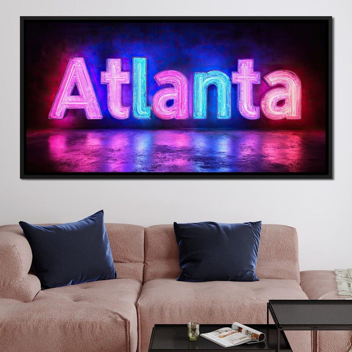 Atlanta Neon Letters Pink Cyan Night Sign Glow Reflection Art Poster