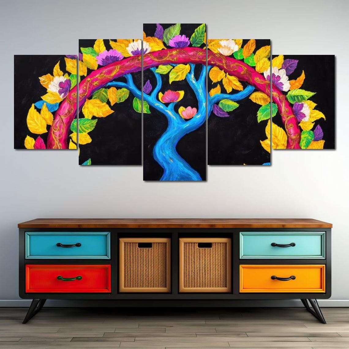 Rainbow Tree Of Life On Black Canvas Colorful Folk Art Style Poster - Image 4