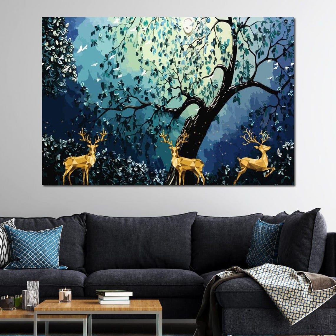 Golden Deer Under Moonlit Tree Night Forest Fantasy Wall Art - Image 3