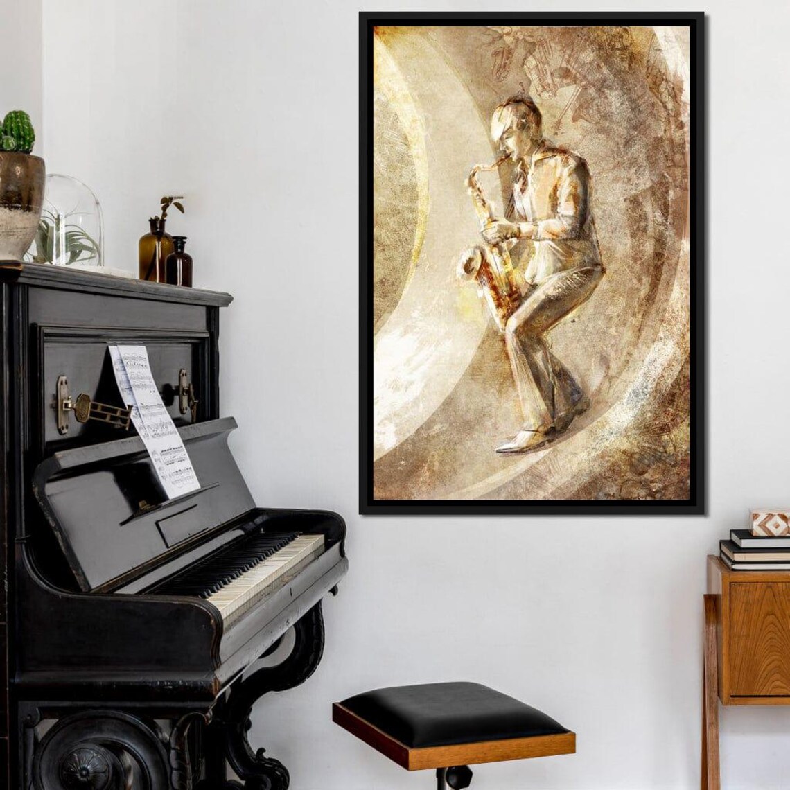 Jazz Saxophone Player Sepia Vintage Artistic Music Painting Wall Art - Image 2