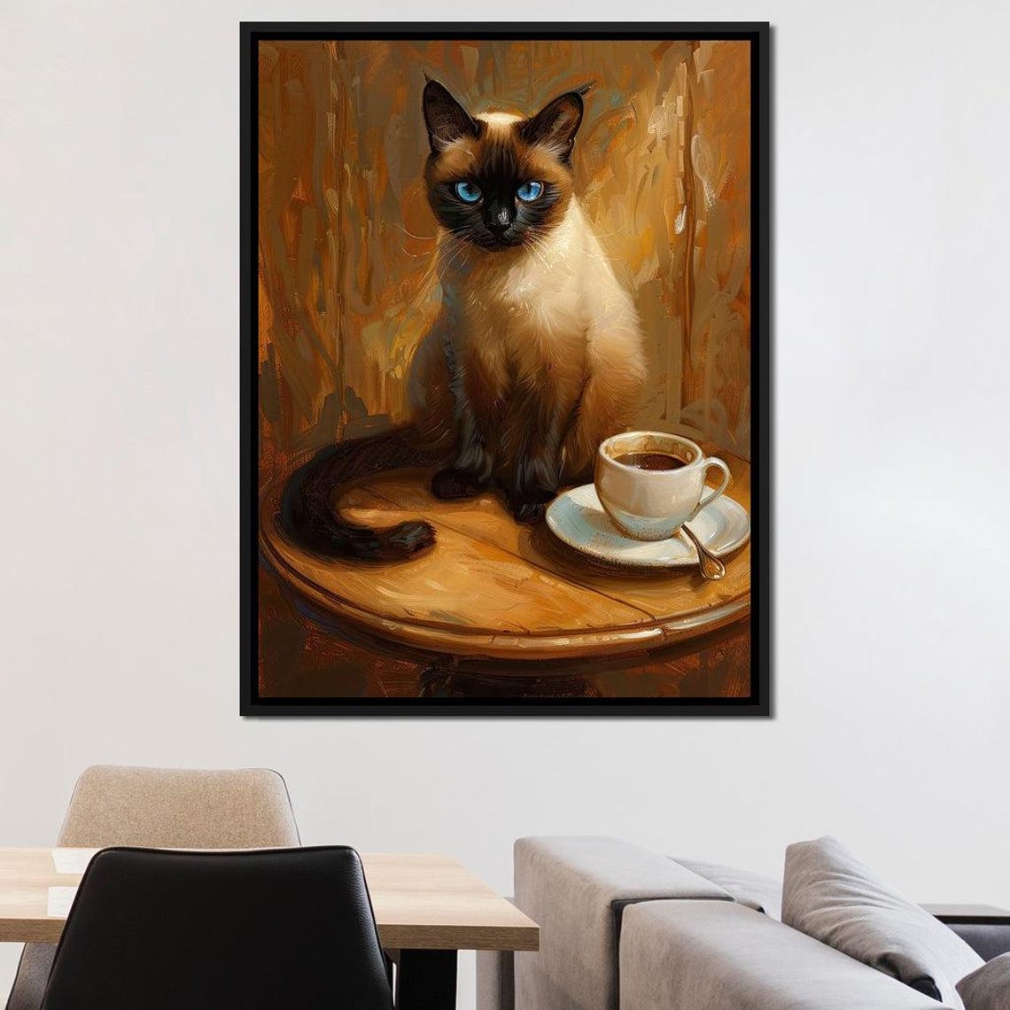 Siamese Cat Coffee Cup Cozy Portrait Blue Eyes Relaxed Wall Art - Image 3