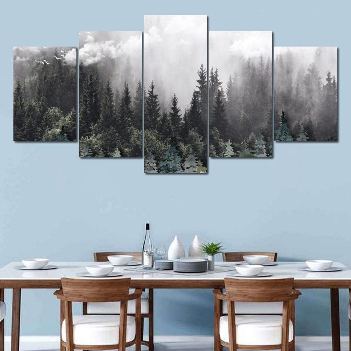 Misty Pine Forest Five Panel Gray Watercolor Woodland Travel Poster