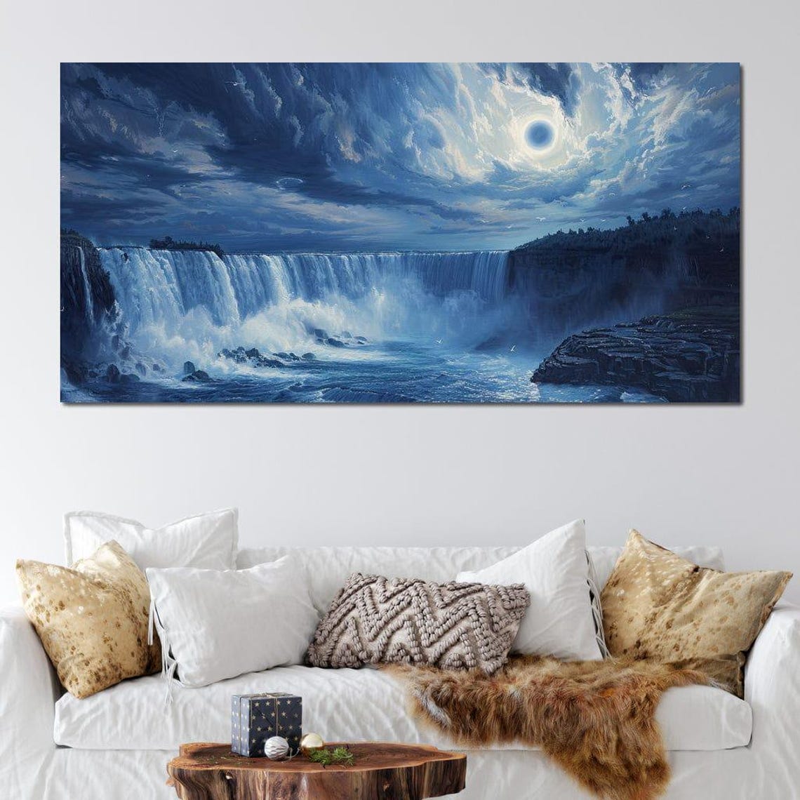 Lunar Cascade Serenity Moonlit Waterfall Scene Tranquil Lunar Art Ethereal Wall Decor Night Sky Landscape By Nichecanvas - Image 3