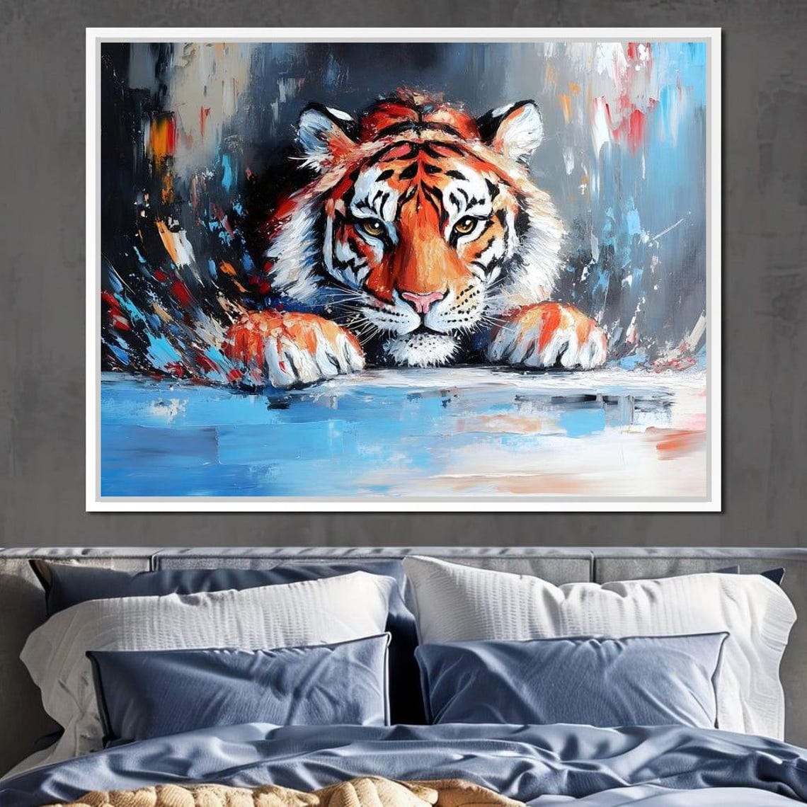 Majestic Tiger Emerging From Abstract Blue Brushstrokes Poster - Image 3