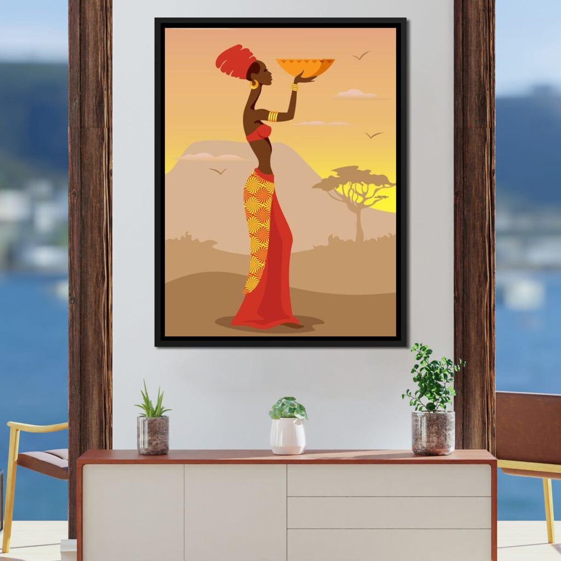 African Woman Red Dress Holding Bowl Sunset Savanna Acacia Tree Poster - Image 2